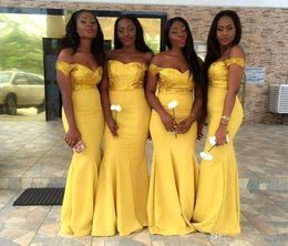 Afrikaanse nieuwe gele pailletten bruidsmeisje jurken lange elegante zeemeermin off Shoulder Maid of eer bruidsmeisjes feestjurken