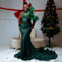 Afrikaans Nigeria Aso Ebi Galajurken Avondjurken Jagergroen Lange mouwen Met sieraad Pailletten Kant Elegante formele jurken voor speciale gelegenheden Verjaardagsmeisje AM432