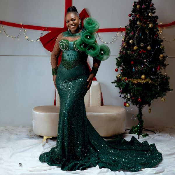 Robes de bal africaines Nigeria Aso Ebi, robes de soirée vert chasseur, manches longues, dentelle pailletée, robes formelles élégantes pour occasions spéciales, anniversaire fille AM432