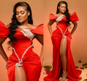 Afrikaanse Nigeria avondjurken prom -jurken voor zwarte vrouwen formele avondjurken een schouder hoge gesplitste sexy rode rehinstones kralen verjaardag jurk