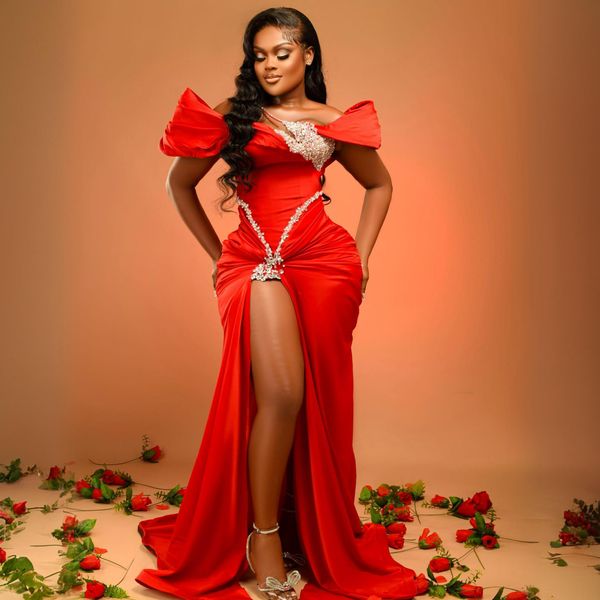 Robes de soirée africain Nigeria Robes de bal pour femmes noires robes de soirée formelles une épaule élevée Split sexy Red Rehinstones Robe d'anniversaire perlé AM418