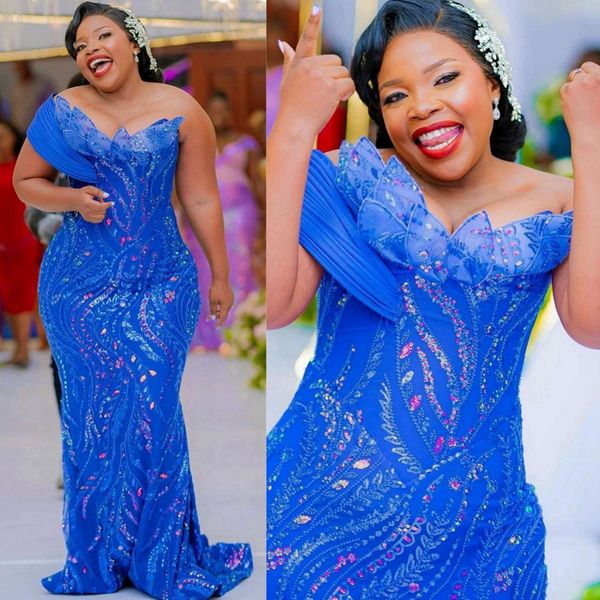 Nigeria africana Tallas grandes Aso Ebi Vestidos de fiesta Vestido formal de noche con un hombro de encaje de sirena azul para ocasiones especiales Vestidos de fiesta de cumpleaños Vestido de compromiso NL250