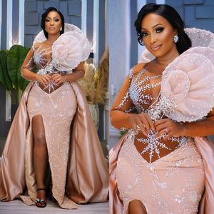 African Nigeria Plus Size Prom -jurken voor zwarte vrouwen illusie elegante jurken voor speciale gelegenheden lange mouwen pure nek hoge split kralen formele jurk am437