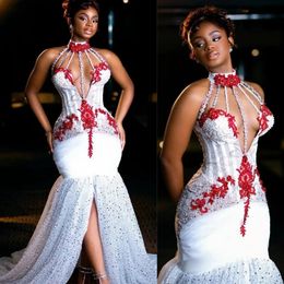 Robes de bal africaines du Nigeria pour femmes noires, robes de soirée blanches, col licou, en Tulle, robes de bal, strass, perles, paillettes, robe d'anniversaire en dentelle, AM433