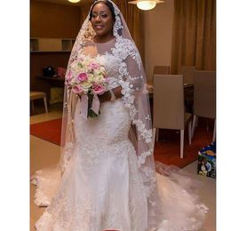 Afrikaanse Nigeria Sheer Neck Plus Size Trouwjurken met Applique Mermaid Bridal Party Gown 3 4 Lange Mouwen Bruidsjurken3141