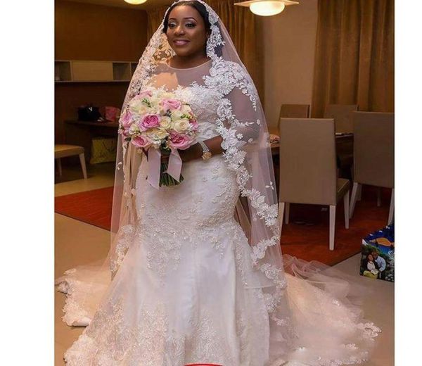 Robes de mariée de grande taille à col transparent du Nigeria africain avec appliques robe de soirée de mariée sirène 34 robes de mariée à manches longues8294459