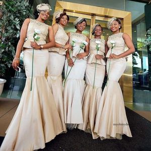 Africain Nigerian Long Bridesmaid Champagne Sirène en dentelle de dentelle Brides Dmaids Bella Naija Robes d'invité de mariage Robe de fête Made 0510