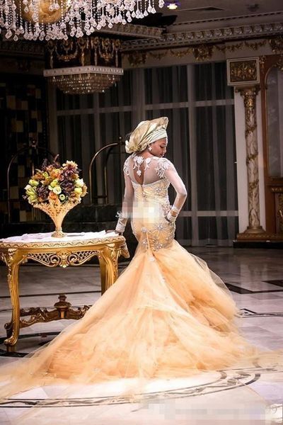 Styles nigérians africains robes de mariée sirène d'or avec manches longues perlées balayage train grande taille robes de soirée de mariée robes De229y