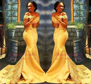 Africain nigérian jaune sirène robes de bal 2022 hors épaules dentelle paillettes Satin soirée robes de bal robe arabe