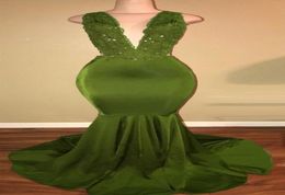 African Olive Green Mermaid Prom Dresses Satin kralen Lace Appliqued Sweep Train Arabische feestavondjurken HY2128089206