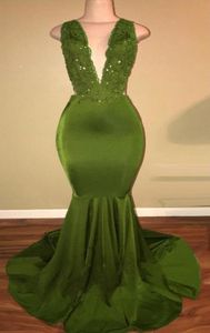 African Olive Green Mermaid Prom Dresses Satin kralen Lace Appliqued Sweep Train Arabische feestavondjurken HY2123262251