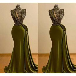 Robes de soirée de taille olive africaine verte plus sirène paillettes scintillantes paillettes à cou high gallage satin de bal robe de fête de fête