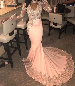 Afrikaanse perzik zeemeermin prom jurken 2019 sexy pure kanten appliques avondjurken sweep trein goedkope formele feestjurk vestidos