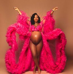 Africano Pink Maternity Dress Bisas para PO Shoot o Baby Shower Tulle Tulle Chic Women Gowns Ruffles Long manga PO6922638
