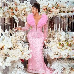 Afrikaanse Roze Plus Size Prom Zeemeermin Ruches Tule Sparkly Kant Avondjurk Aso Ebi Stijl Formele Jurken Partij Jassen Es es