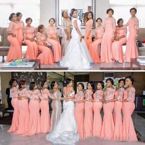African Plus -size bruidsmeisje jurken koraal half lange mouwen top kanten sweep trein meid van honoral gelegenheid jurken