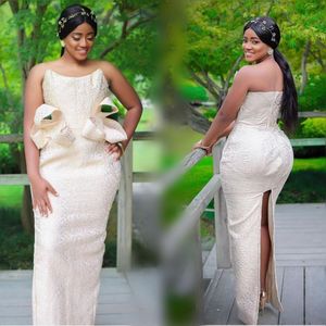 African Plus Size Avondjurken Sexy Strapless Rits Abck Back Split Prom Dresses Aso Ebi Formele Party Dress Cobe Party Wear