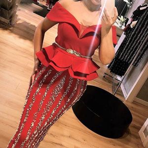 Afrikaanse Plus Size Prom Dresses Off The Shoulder Major Beading Parels Pailletten Mermaid Avondjurk Peplum Vestido de Festa