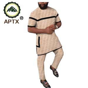 African Imprimer 100 coton costume pour hommes 2 pièces Set Dashiki Solid Tops Ankara Pants Tracksuit Swensuit avec Pockets LJ201126