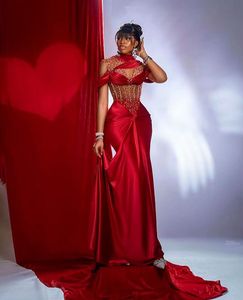 Afrikaanse rode prom -jurken voor zwarte vrouwen Hoge nek avondjurken plus size vestidos para mujer fluwelen feestavondjurken zeemeermin