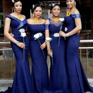 African Royal Blue 4 Styles Sirène Bridesmaid Robes Off épaule Satin Maid of Honor Longueur du sol