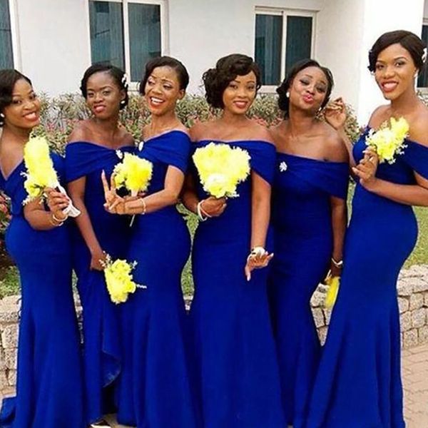 Vestidos de dama de honor azul real africano Sirena 2022 Fuera del hombro Hasta el suelo Vestido largo de dama de honor para niña negra para vestidos de invitados de boda