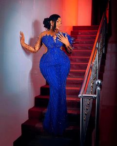 Afrikaanse Royal Blue Prom -jurk Kralen Lace Mermaid avondjurk met afneembare trein Glanzende Aso Ebi Long prom jurken Volledige mouwen jurken