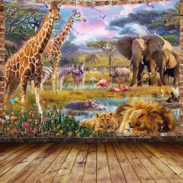 Africain Safari Scenic Landscape Tapestry Girafe Elephant Leopard Background Tapestry Forest Grassland pour les décorations de la chambre