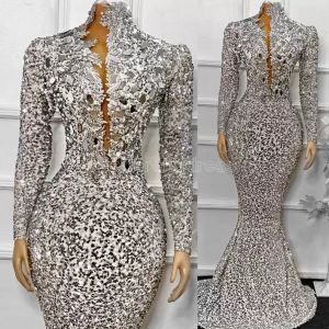 African Sequins Evening Dresses Long Sleeves Mermaid Women Formal Party Dress Sparkly Beaded High Neck Prom Gowns 2023