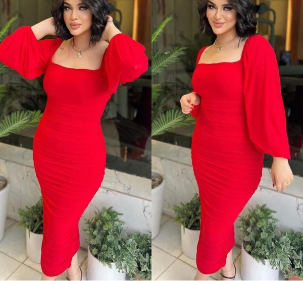 Vestidos de fiesta de cóctel con vaina roja sexy africana para mujer Cuello cuadrado Manga larga Longitud del té Niñas Vestidos cortos de fiesta Vestidos de noche de celebridades Vestidos