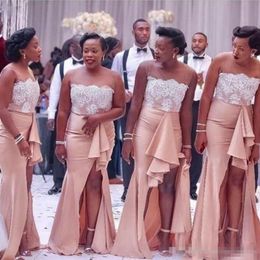 African Sheer 2018 nek bruidsmeisje jurken sexy front splein zeemeermin toegewezen peplum sweep trein formele avondjurk voor bruiloftsgast