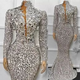 Afrikaanse zilveren pailletten zeemeermin prom jurken met lange mouwen hoge hals plus size sprankelende kralen avondjurken robe de soiree 0314