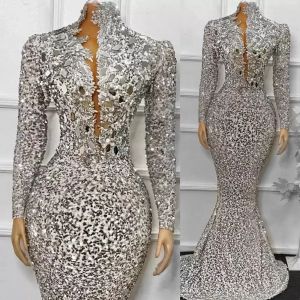 Afrikaanse zilveren pailletten zeemeermin galajurken met lange mouwen hoge hals plus size glitter kralen avond optocht jurken robe de soiree