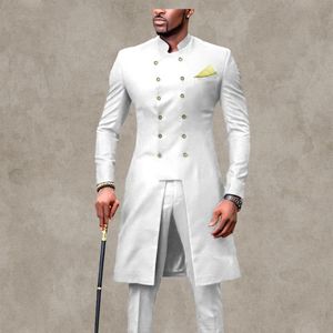 Trajes africanos de ajuste delgado para hombre, cuello levantado, 2 piezas, esmoquin de boda, chaqueta larga y pantalones, Oriente Medio, árabe, blanco, azul real, ropa formal para novio, conjunto de chaqueta para fiesta de graduación