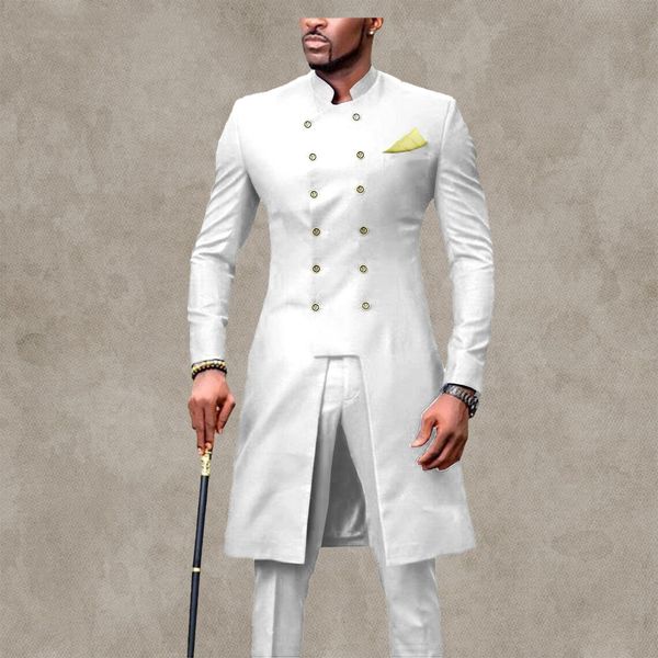 Africain Slim Fit Hommes Costumes Col Montant 2 Pièces Smokings De Mariage Longue Veste Et Pantalon Moyen-Orient Arabe Blanc Bleu Royal Groom Tenue De Cérémonie Prom Party Blazer Ensemble