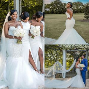 Vestidos de novia de sirena de espagueti africanos Tallas grandes Apliques de encaje Tren de corte Vestidos de novia bohemios de mari￩e Vestidos de boda sin espalda con cuentas