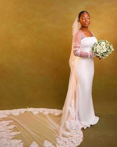 Robes de mariée africaines sans bretelles sirène à manches longues robes de Noiva robe de mariée en crêpe blanche Robes de mariée avec manches balayage train