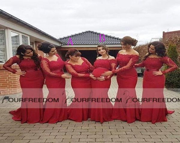 Robes de demoiselle d'honneur rouges de style africain Plus maternité de taille hors épaule en dentelle de dentelle sans dos enceinte