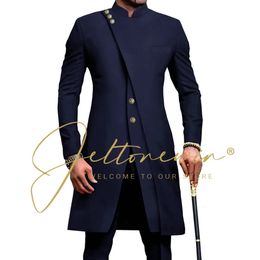Tuxedos de marié bleu marine à col montant de Style africain pour Costume de mariage hommes d'honneur coupe cintrée 2 pièces Blazer pantalon 240104