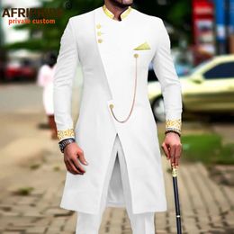 Afrikaans pak voor mannen dashiki lange borduurjassen en broek 2 -delige met kerchief slank fit formele outfits bruiloft A2216037 240419