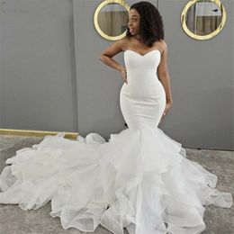 Vestidos de novia africanos de sirena de Organza con escote en forma de corazón vestidos de novia de talla grande con volantes de satén robe de mari￩e BC0586