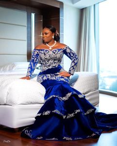 Afrikaanse traditionele Royal Blue Prom Dresses Mor kralen Veet plus maat lange mouwen voor aso ebi vrouwen formele ocn -jurken
