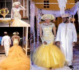 Afrikaanse Traditionele Trouwjurken Nigeriaanse Gouden Bruidsjurken 2020 Kristal Kralen Sheer Tulle Lange Mouwen Zeemeermin Bruidsjurk Pl6080510