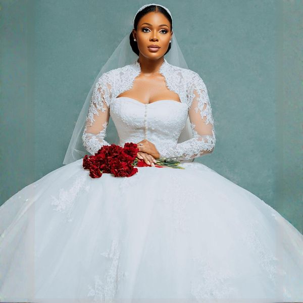 Vestido de novia africano para novia de talla grande con chaquetas, vestidos de novia, vestido de novia con cuentas de encaje y princesa con apliques para mujeres negras de Nigeria NW112