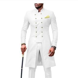 Afrikaanse Witte Heren Pakken Bruiloft Smoking Lange Jas Hoge Kraag Klassieke Bruidegom Formele Slijtage 2 Stuks Mannen Prom Party Blazer