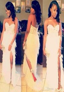 African White Fur Prom Dresses Feather Side Split Evening Jurken Strapless 8th Grade Graduation Jurken Rhinestone Prom Jurk Homeco7764073