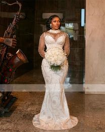 Robes de mariée de sirène blanche africaine pour femmes Elegant Pearls Sheer Sleeves Bridal Bridal Lace Vestido de Novia