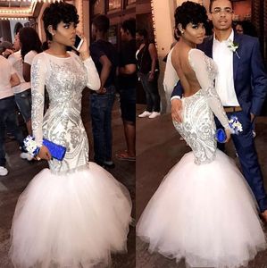 African White Sexy Mermaid Prom 2019 Lange mouwen pailletten Appliqued Backless Evening Wear Party Jurken Special OCN -jurken