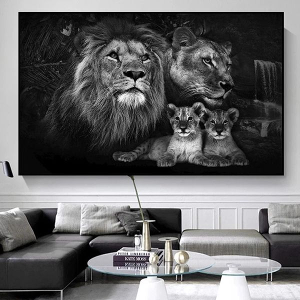 Africain Sauvage Bébé Lion Famille Peintures Affiche Noir Et Blanc Animal Toile Peinture Sur Le Mur Art Imprime Image Modulaire pour Salon Décor Arts Sans Cadre