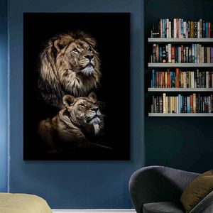 Pinturas en lienzo de leones salvajes africanos en la oscuridad, pósteres e impresiones artísticos de pared, Cuadros decorativos de la familia de leones, decoración del hogar